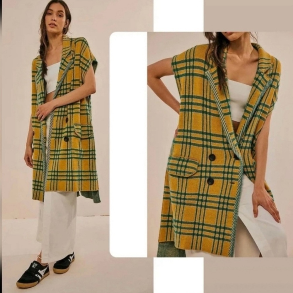 Free People plaid sleeveless pea coat